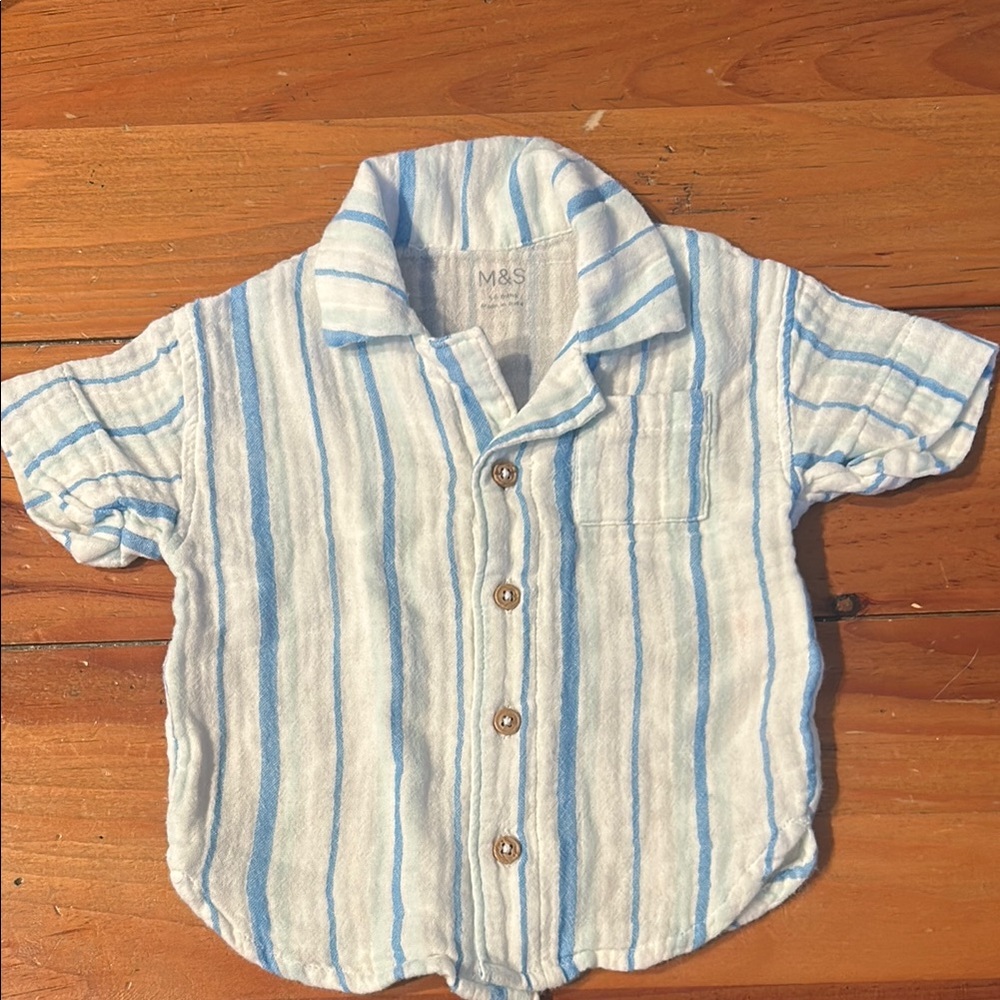 M &S 100% Cotton Kids Ivory Mix Striped Button Down Shirt Size 3-6 Months.